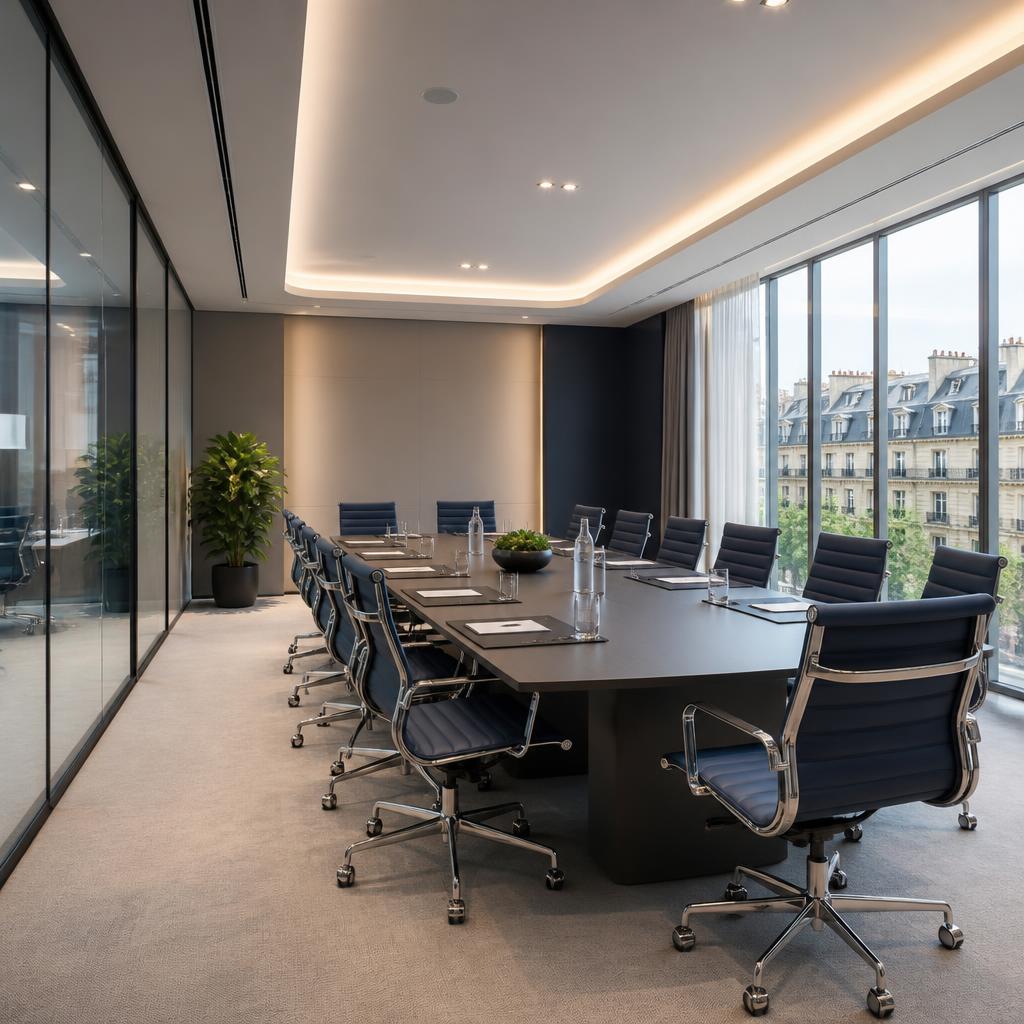 Illustration photoréaliste d’une salle de réunion lumineuse avec grande table et chaises.
