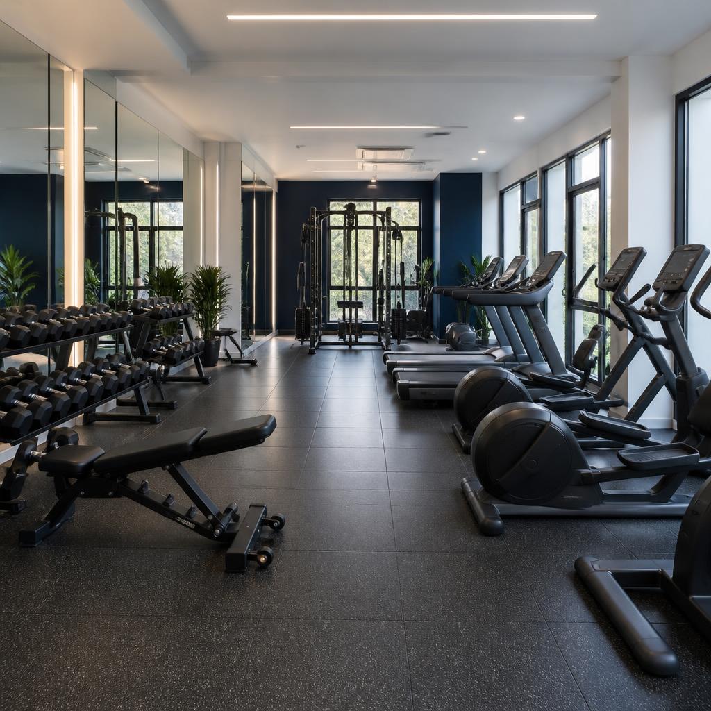 Illustration photoréaliste d’une salle de sport avec appareils rangés et sol propre.